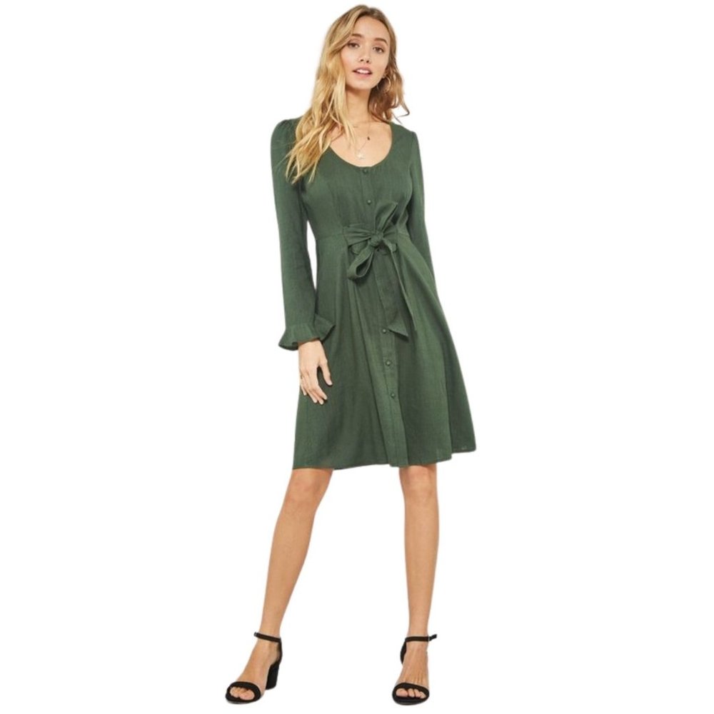 Promesa Green Scoop Neck Puff-Sleeve Ruffled Mini Dress HDE8359-GREEN